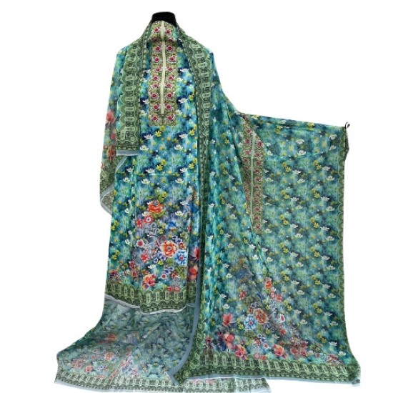 Zam Zam Digital Printed Cotton Dress – Elegant Green Floral Edition