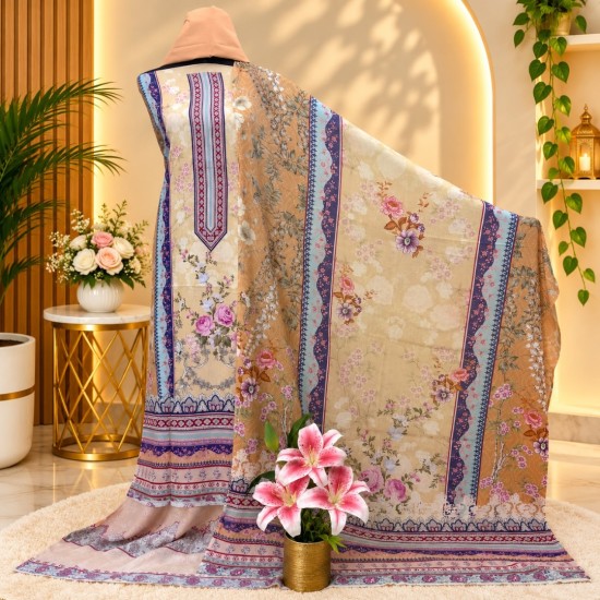Golden Blossom Digital Print Three Piece | TV-D043