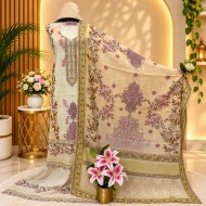 Golden Beige Floral Elegance Digital Print Three Piece | TV-D046