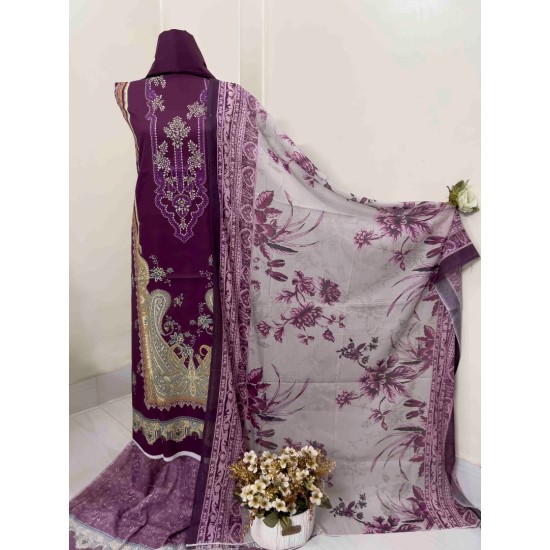 Plum Elegance Digital Print Three Piece | TV-D040