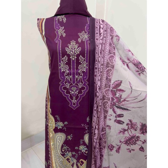 Plum Elegance Digital Print Three Piece | TV-D040