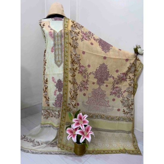 Golden Beige Floral Elegance Digital Print Three Piece | TV-D046