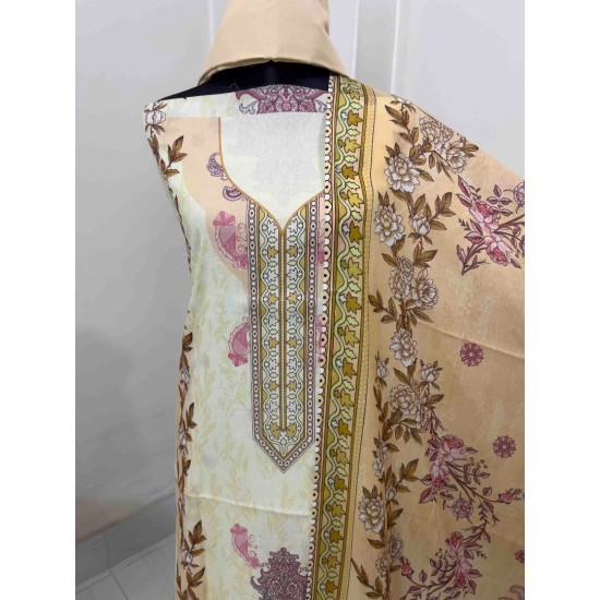 Golden Beige Floral Elegance Digital Print Three Piece | TV-D046