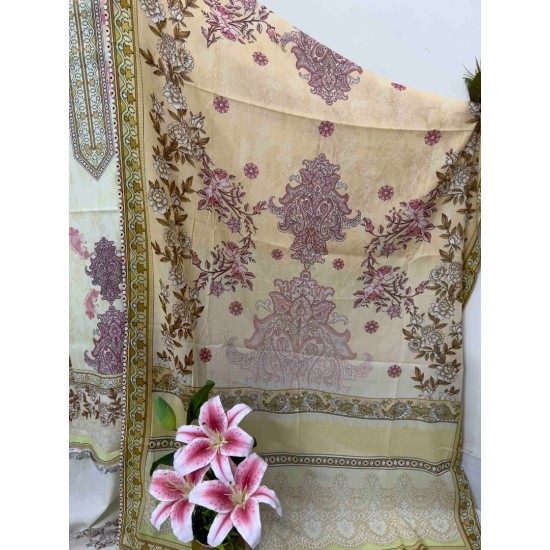 Golden Beige Floral Elegance Digital Print Three Piece | TV-D046