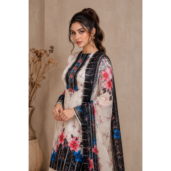 Zam Zam – Black & White Bloom Designer Cotton Fabric