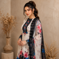 Zam Zam – Black & White Bloom Designer Cotton Fabric
