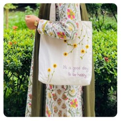 Handmade Floral Embroidered Tote Bag – White | Multi-Color Yarn Design